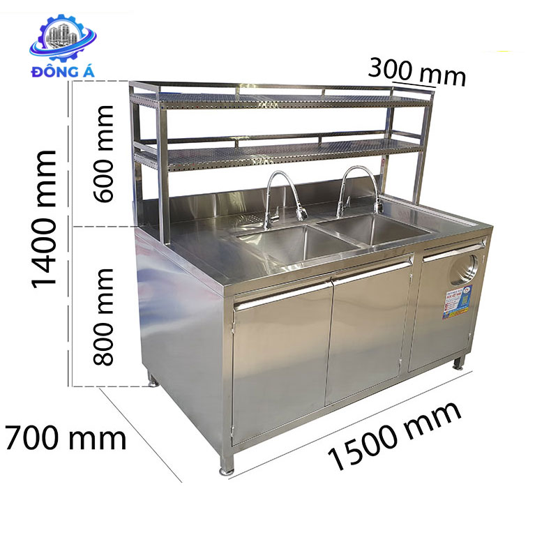 Tủ inox 2 bồn + Kệ trên 2200×750 mm